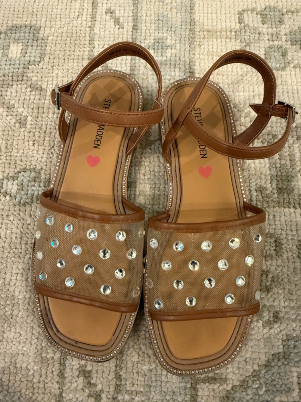 Steve Madden Girls Brown Crystal Mesh Ankle-Strap Sandals
